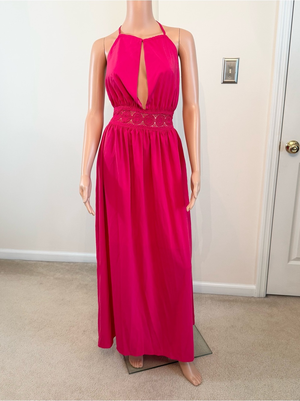 Hot Pink Sexy Plunge Backless Crochet Waist Maxi Flowy Dress Summer Beach Large